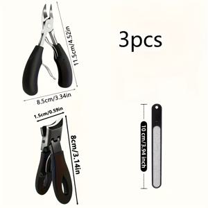 TEMU 3pcs 헤비듀티 남성 및 성인 네일 케어 키트 - 인체공학적 손잡이 스테인리스 스틸 가위 + 네일 파일, 두꺼운 발톱용, 모던 블랙 디자인 매니큐어 도구