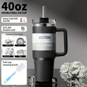 TEMU 1pc 뉴 40oz 이중 벽 보온 보냉 스테인레스 스틸 텀블러, 손잡이, 뚜껑 및 마구간 포함, 컵 브러시 포함 - 99010205195 - 아이스 티, 커피, 캠핑, 여행 및 피트니스에 완벽합니다|텀블러|커피