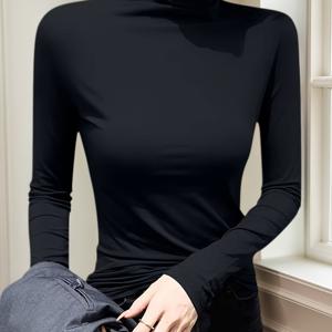 TEMU 여성용 슬림핏 긴팔 티셔츠 - 가을 & 겨울 캐주얼 하이넥 단색 탑, 다용도 레이어링 필수품, 매일 입기 좋은 티셔츠 | 세련된 디자인 | 부드러운 질감