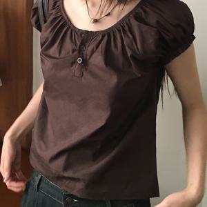 TEMU 사시갈스 프렌치 빈티지 스위트 버블 슬리브 블라우스 여성용 - 버튼업 라운드 넥 러플 탑, 솔리드 브라운, 가을 캐주얼 착용에 완벽한 패션 탑 | 프렌치 빈티지 스타일 | 러플 소매 디자인