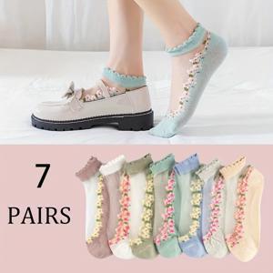 TEMU 7 쌍 여성 꽃무늬 레이스 발목 양말, 여름 얇은 유리, 니트 폴리에스터 블렌드 (65% 폴리에스터, 30% 폴리아미드, 5% 엘라스탄), 기계 세척 가능, 210gsm - 여성용 귀여운 짧은 양말