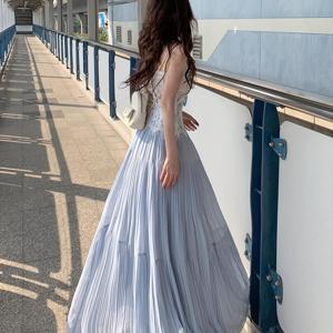 TEMU 여성용 우아한 프렌치 스타일 주름진 A라인 미디 스커트 - 연청색, 하이웨이스트, 부드러운 봄/여름 스커트, 세탁기 사용 가능, 단색, 캐주얼 또는 시크한 의상에 완벽