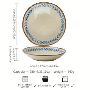 TEMU 1pc 9인치 세라믹 라운드 샐러드 보울, 파란색 리본 & 잎 디자인 - 샐러드, 디저트 및 더 많은 것을 위한 빈티지 브렉퍼스트 보울 - 올 시즌, 우아한 테이블웨어, 샐러드 보울