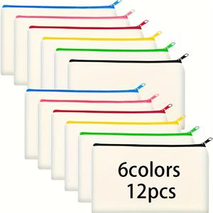 TEMU 12개 세트 빈 캔버스 지퍼 파우치 - 학교, 사무실, 여행, DIY 공예 및 화장품 보관용 다색 견고한 원단 드로스트링 필통 | 무지의 생동감 있는 작은 지퍼백 | 다용도 파우치|필통