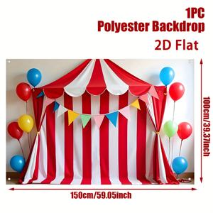 TEMU 2D 플랫, 1pc 카니발 파티 배경 - 2D 플랫 서커스 테마 생일 장식, 빨간색 & 흰색 줄무늬, 풍선 & 텐트 배너, 사진, 입구, 파티 장식, 카니발 테마 파티 장식, 2D 플랫