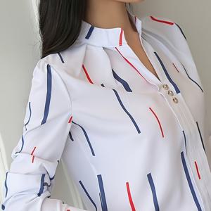 TEMU 우아한 스탠드 칼라 여성용 블라우스 - 긴 소매, 루즈핏, 흰색, 파란색 및 빨간색 , 봄/가을용 다용도 풀오버 탑, 귀여운 블라우스