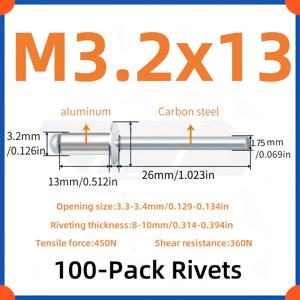 TEMU 100개 M3.2x13mm 아연 도금 알루미늄 오픈 엔드 블라인드 리벳 - 3.2mm 라운드 헤드 팝리벳, 금속 시트용, DIY 프로젝트 및 수리 하드웨어 패스너, 인장력 450N, 축 저항성 360° 회전