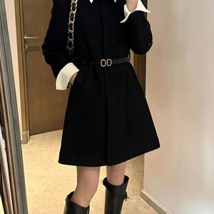 TEMU 우아한 블랙 A라인 드레스 화이트 칼라 & 벨트 포함 - 슬림핏, 긴팔, 여성용 세탁기 사용 가능 - 봄/가을 캐주얼 시크 스타일