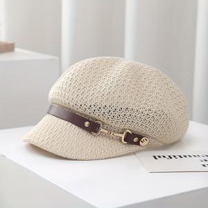 TEMU 1pc 여성용 통기성 메시 뉴스보이 모자 - 경량 아크릴 오각형 모자, 벨트 디테일, 봄 & 여름 통기성, 캐주얼 옷에 완벽