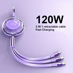 TEMU 120W 3in 1 USB-C 타입 C 6A 모바일 충전기 케이블, 아이폰 14/13/12 삼성 샤오미 휴대폰 데이터 전원 코드