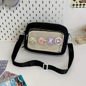 TEMU 1pc 귀여운 카와이 일본식 여성용 크로스바디 백, 투명 창, 컬러풀 애니메이션 캐릭터 패치, 노란 니트 숄더 백, 지퍼 클로저, JK 패션 액세서리 - 손세탁 폴리에스터 안감, JK 패션 백|즐거운 액세서리|지퍼 백