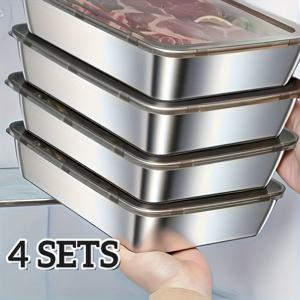 TEMU 스테인리스 스틸 식품 보관 용기 3pcs 세트/4pcs 세트 - 밀폐 방수 도시락, 식기세척기 & 전자레인지 사용 가능, 냉장고/냉동실용 쌓기 가능한 주방 정리 용기|냉동고|전자레인지|식기세척기