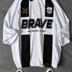 TEMU 젠틀맨 버드 남녀공용 셔츠 - 축구 영감 컬러 블록 디자인과 대담한 BRAVE 글자 & 칼라, 100% 폴리에스터 경량 여름 캐주얼 스포츠웨어, 기계 세탁 가능 레귤러 핏 커플 매칭
