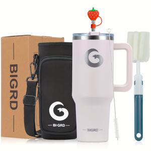 TEMU 1pc BIGRD 40oz 핸들 및 스푼이 있는 텀블러, 100% 누출 방지 여행 머그, 스테인레스 스틸 더블 월 진공 보온 커피 컵, 액세서리 포함: 2 In 1 뚜껑, 스틸 스푼, 청소제, 휴대용 가방, 실리콘 먼지 뚜껑|텀블러