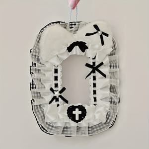 TEMU 1개 귀여운 플러시 고양이 귀 리본 레이스 트림 블랙 & 화이트 체크 사진 디스플레이 스탠드 - DIY 공예 사랑스러운 만화 애니메이션 캐릭터 카드 홀더, 투명 백팩 참 파우치 장식용 수집품, 보라색 빨간색 노란색