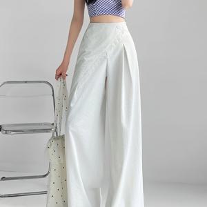 TEMU 여성을 위한 여름 하이웨스트 드레이프 디자인의 백색 레이스 스ーツ 와이드 레그 팬츠, 두 개의 레더 커튼 캐주얼 마핑 팬츠