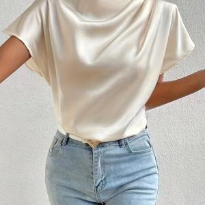 TEMU 여성용 세련된 단색 비대칭 목 블라우스 - 캐주얼한 반팔, 라운드 넥, 가벼운 폴리에스테르, 캐주얼한 의상에 적합한 여성용 블라우스