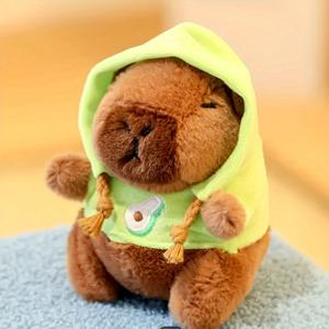 TEMU 녹색 후드 디자인의 귀여운 캄피바라 플러시 장난감 - 부드러운 물리적 저항성이 있는 폴리프로필렌 소재, 소형에서 중형 사이의 개와 고양이에게 완벽한 애완동물 동반자 및 장식 액세서리, 귀여운 만화 동물 디자인, 플러시 개 장난감, 재미있는 애완동물 액세서리, 재미있는 애완동물 디자인, 내구성 있는 애완동물 장난감