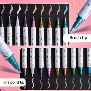 TEMU 10pcs 듀얼 팁 메탈릭 글리터 마커 - DIY 앨범, 스크랩북, 세라믹, 돌, 유리, 공예 개선에 사용할 수 있는 미세하고 브러시 팁 | 장식 마커 | 메탈릭 피니시