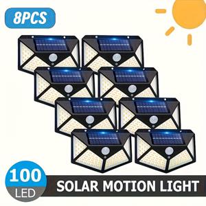 TEMU 8개 리항스타 LED 100구 상업용 태양광 야외조명, 모션센서 보안등 + 터치컨트롤, IP44 고품질벽걸이형, 간편설치(배선불필요), 리튬전지식 - 차도/정원/파티오/마당/산책로/비즈니스장소에 적합한 에너지 효율성 있는 실외조명
