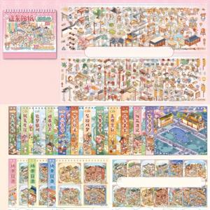 TEMU 1권, 고대 생존 가이드 시리즈: 중국풍 풍경 캘린더 스티커 장식용, DIY 스크랩북 액세서리, 다목적 노트북 스티커 – 휴대폰 케이스 & 물병 데칼, 정크 저널 아트 및 공예 장식 스티커, 개학 준비 필수품