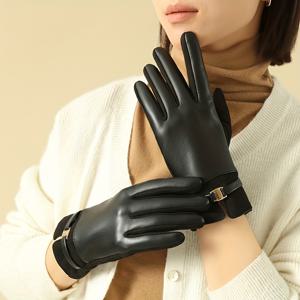 TEMU 우아한 PU 가죽 장갑 세련된 벨벳 줄 지어 따뜻한 터치 스크린 장갑 가을 겨울 야외 Coldproof Windproof 운전 장갑