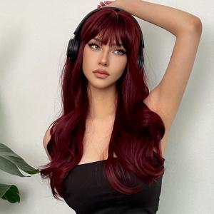 TEMU 24인치 컬리 웨이브 헤어 뱅이 달린 가발 - 데일리 웨어, 파티, 코스프레, 음악 페스티벌용 합성 모발 교체
