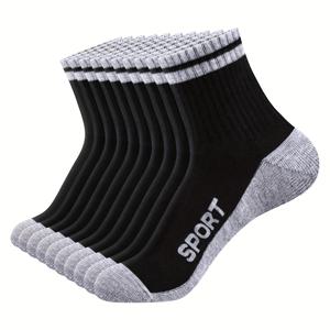 TEMU GiveGift 남성용 솔리드 미드 크루 양말 10켤레 세트 - 통기성이 좋고 부드러운 탄력 있는 리브 커프스, 대비 줄무늬 디자인, 사계절 내내 편안함, 스포츠 및 캐주얼 착용 (블랙/화이트) | 스포티한 리브 커프스, 피부 친화적 소재