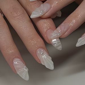 TEMU 24pcs 럭셔리한 짧은 아몬드 모양 손톱 백색 3D 쉘 진주 프레스 온 손톱 아크릴 손톱 손톱 손톱 매니큐어 세트 분리 가능한 풀 커버 긴 지속 시간 1장 접착 탭 및 1pc 미니 파일 포함 매일 착용하기에 완벽합니다