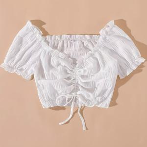 TEMU 시크한 오프숄더 레이스업 크롭 탑 블라우스 - 짧은 랜턴 소매와 달콤한 러플 디자인, 단색, 폴리에스터 혼방, 봄/여름에 완벽함