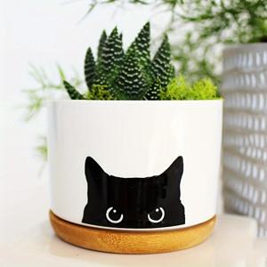 TEMU 1pc 귀여운 검은 고양이 세라믹 플랜터 - 배수 구멍이 있는 둥근 실내/실외 장식용 그릇 - 수кул 및 카크티를 위한 이상적인 선물 - 식물 애호가, 교사, 친구, 동료를 위한 이상적인 선물 - 실내/실외 장식 | 재미있는 고양이 디자인 | 내구성 있는 세라믹, 식물 애호가 선물