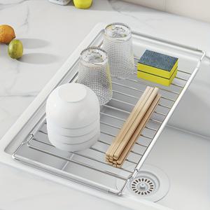 TEMU 1pc 조절 가능한 스테인레스 스틸 싱크 배수 랙, 실리콘 핸들, 확장 가능한 접시 건조 랙, 다기능 주방 싱크 정리함, 한국식 접이식 배수 바구니, 싱크 액세서리|식기건조대|식기건조기|싱크대