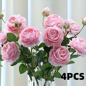 TEMU 4개입 인조 모란과 장미 부케, 3송이 장미 꽃꽂이, 실내 장식용 꽃, 빈티지 플로럴 , 결혼식 및 DIY 공예용, 현실적인 웨딩 테이블 센터피스