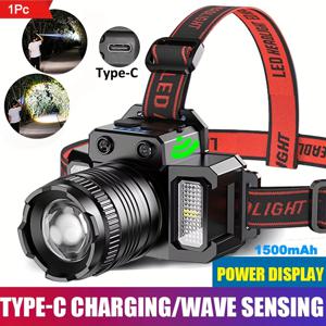 TEMU 1/2개 LED 센서 헤드램프 타입-C 충전식 헤드라이트 IP44 LED 헤드램프 내장 1500mAh 배터리 랜턴 5가지 조명 모드 줌 가능 헤드램프 야외 캠핑 러닝 헌팅 낚시 비상용 헤드램프|캠핑랜턴