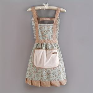 TEMU 1pc 여성용 꽃무늬 프린트 아포니트, 레이스 트림 - 핑크 폴리에스터 /카페 작업복, 경량 120g/m², 직물, 크리스마스 휴일 요리 및 베이킹에 완벽, 베이킹 아포니트 | 꽃무늬 주방복 | 세련된 레이스 디테일링