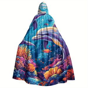 TEMU 생동감 있는珊瑚 및 돌고래 후드 로브 - 상상력 있는 바다 동물이 있는 아름다운 바다 테마 성인 카프, 기계 세탁 가능한 폴리에스터, 바다를 사랑하는 사람들을 위한 이상적인 해변 액세서리 | 재미있는 디자인 | 폴리에스터 로브