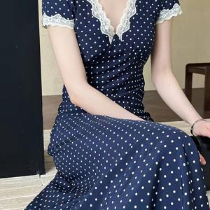 TEMU 여성용 우아한 네이비 블루 & 화이트 폴카 도트 원피스 - 플레어드 A라인, 앞끈이 있는 슬림핏, 가벼운 봄/여름 캐주얼 드레스, 기계 세탁 가능, 부드러운 질감, 비침 방지, 여름 패션, 비즈니스 의상|가을원피스