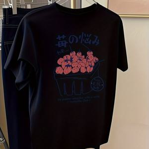 TEMU 여성용 Y2K 만화 딸기 프린트 슬림핏 티셔츠 - 화이트 롱라인 라운드넥 탑 일본어 텍스트 & 