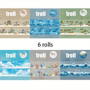 TEMU 6개 롤 테이프, 바다 일기シリーズ 풍경 해변 패턴 스티커, 다양한 장면에 적합, 스크랩북 얇은 스티커 앨범 일기 장식, 휴대폰 케이스 물컵 스티커 노트북 액세서리 쓰레기 일기 장식 스티커, 스크랩북 용품, 미술 및 수공예 장식 스티커