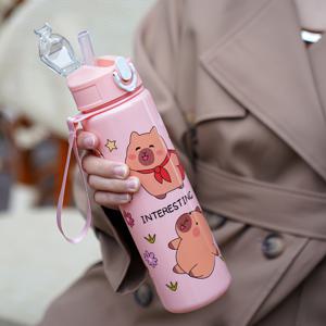 TEMU 1개 700ml 약 23oz 만화 패턴 다색 인쇄 야외 스포츠 물병, 여행용 내구성 플라스틱 끈 스트로우 컵 및 안전 잠금 뚜껑 포함, 사이클링, 러닝에 적합