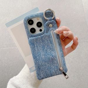 TEMU 리트로 단색 데님 링 버클 지퍼 카드 홀더 스탠드 폰 케이스, for iphone 11 12 13 미니 플러스 프로 맥스 반감 방수 폰 보호 커버와 호환됩니다.|폰케이스|아이폰케이스|케이스
