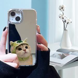 TEMU For iPhone 11/12/13/14/15 시리즈용 모자를 쓴 새끼 고양이 디자인의 TPU 거울 반사 낙하 방지 케이스