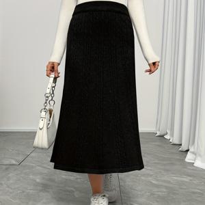 TEMU 1pc 우아한 폴리에스테르 니트 소재 미디 스커트, 단색 올시즌 정상 길이 스커트, 스웨터 크로셰 패턴 디자인