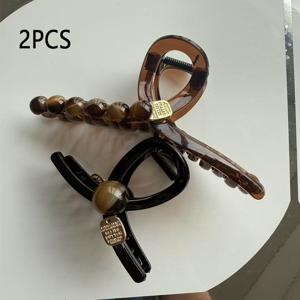 TEMU 우아한 비즈 헤어 클로 클립 2개 세트 - 대형 상어 그립 클립, 거북이껍질 무늬 및 골드 악센트, 두꺼운 머리카락에 안정적인 고정력, 캐주얼 및 정장용 헤어스타일 다용도