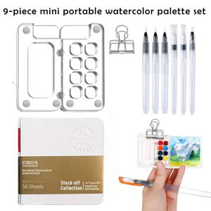 TEMU 9pcs 미니 휴대용 수채화 팔레트 세트, 1개의 투명 아크릴 페인트 상자, 6개의 물 펜, 1개의 스케치북 - 예술가, 학생, 여행 선물에 적합
