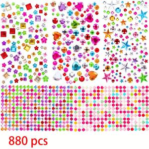 TEMU 880개 합성 보석 라인스톤 스티커 - 하트, 별, 꽃, 동물 등이 포함된 자체 접착 아크릴 DIY 공예 장식품 - 주얼리 만들기, 스크랩북킹, 의류 액세서리용 - 생동감 있는 색상, 소녀 및 청소년을 위한 크래프트 스티커, 창의적인 프로젝트, 내구성 있는 장식품, 패션 디자이너를 위한 접착 보석