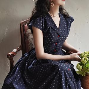 TEMU 여성용 네이비 블루 & 레드 도트 플래퍼 드레스 - 빈티지 2025 프렌치 시네마, 플레어드 헴, 논스트레치 포멀/캐주얼/파티/오피스, 엘리게нт 1920년대 스타일, 클래식 칼라, 구조적 핏, A라인 실루엣, 파티웨어