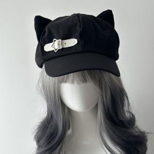 TEMU 귀여운 고양이 귀 베레모, 2D 모자, 여성 오타쿠 아웃도어 의상 매칭 모자, 패셔너블 베레모, 학생용 소형 큐트 하트