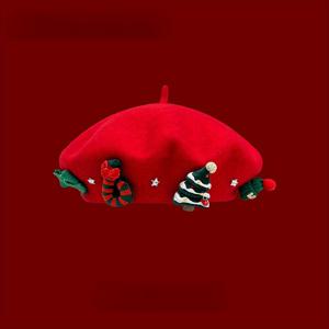 TEMU 여성용 레드 크리스마스 베레모 모자 3D 크리스마스트리 장식 - 신축성 끈 조절, 가벼운 겨울용 따뜻한 모자, 파티/사진 촬영/&새해 이브용 - 축제 영화 영감 패션 액세서리, 크리스마스 모자, 계절 의상 추가, 재미있는 장식, 정교한 공예, 장식 헤어웨어, 패션 애호가