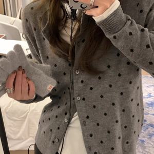 TEMU 여성용 그레이 폴카 도트 카디건 - 긴 소매, 버튼 업 프론트, 라운드 넥, 가벼우면서 스타일리시한 봄/가을용, 레이어링 또는 스탠드 얼론 의상에 완벽, 봄 아우터웨어 | 폴카 도트 패턴 | 건축, 카디건 스웨터|가디건